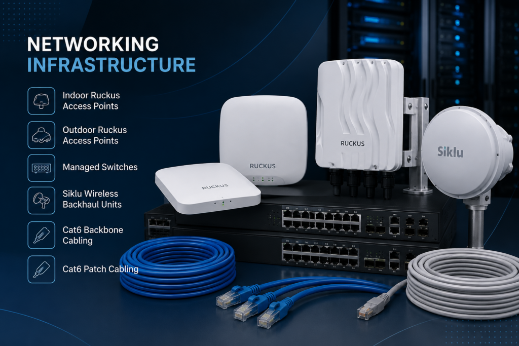 Network infrastructure equipment used to support reliable connectivity and data communication across mission-critical fire station operations.
